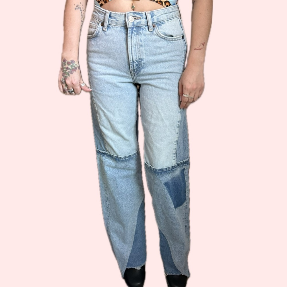 Zara Women's Blue Patchwork Flare Jeans